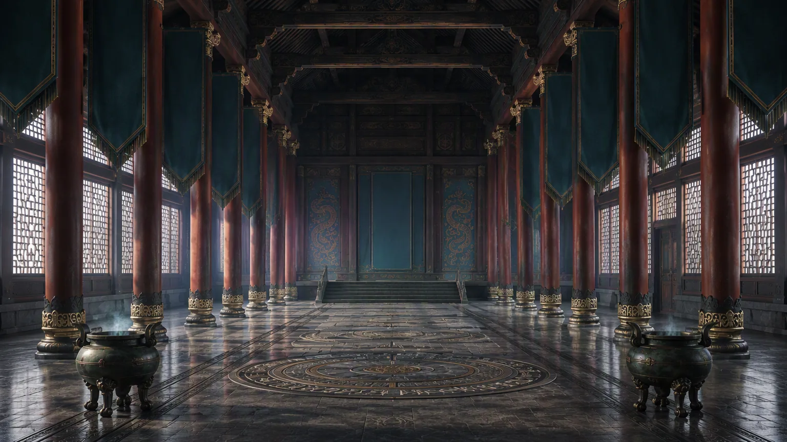 The undamaged Hall of Still Thunder in its dormant baseline state.
