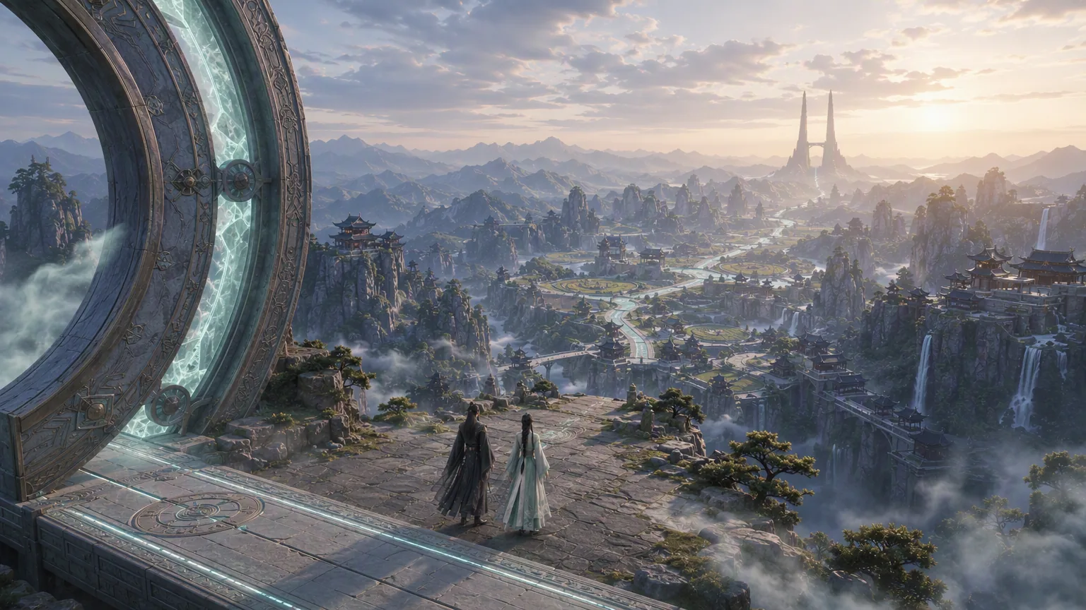 The connected inhabited world visible beyond the fully opened Meridian Gate.